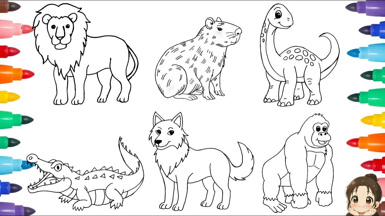 How To Draw 6 Wild Animals In Minutes | Children Draw Animals | Lion, Wolf, Dinosaur, Gorilla & More