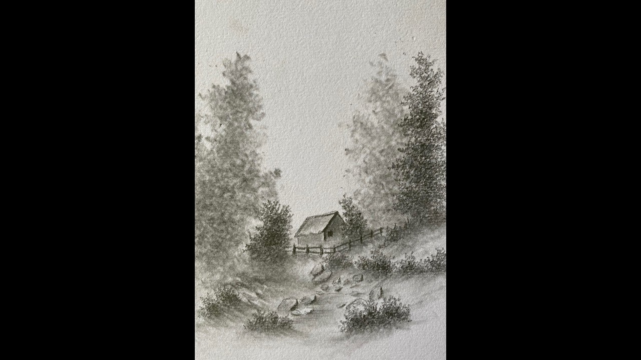 Forest Cabin Pencil Sketch – Nature Landscape Drawing