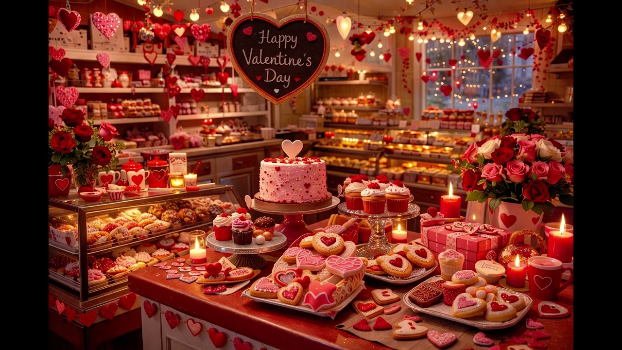 Cozy Valentine's day Bakery| With cash register and people talking in background ￼