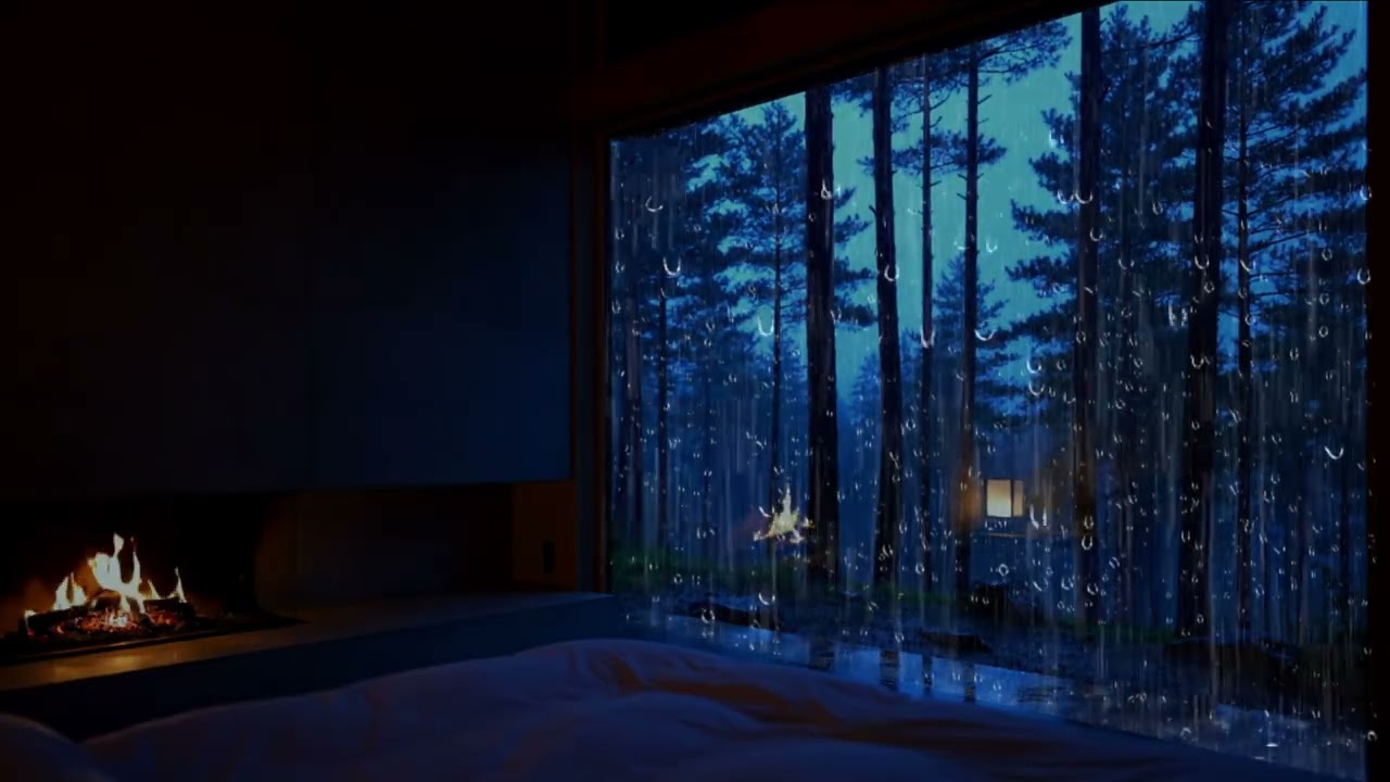 Rainy Night at Cabin - Rain Against Glass & Fireplace 3 Hours for Sleep, Insomnia Relief & Calm