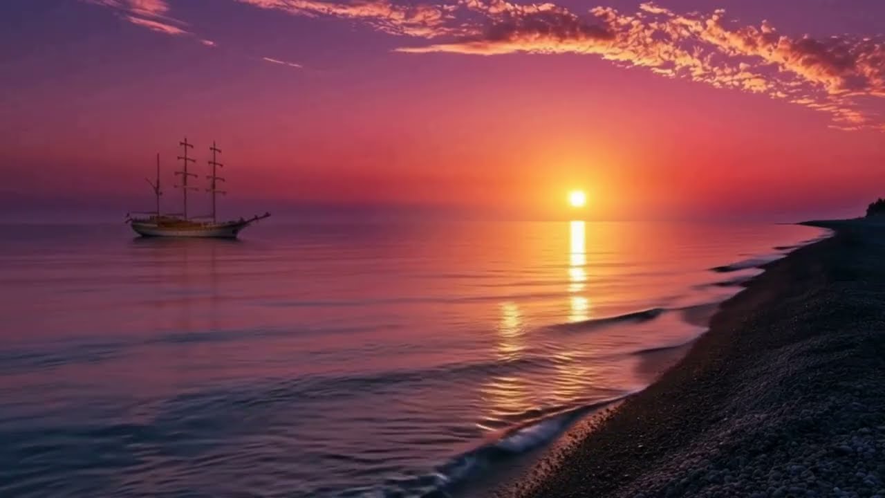 Pink Ocean Sunset & Sailing Ship &bull; Calming Sea Waves & Distant Seagulls Soundscape (1.5 Hours)