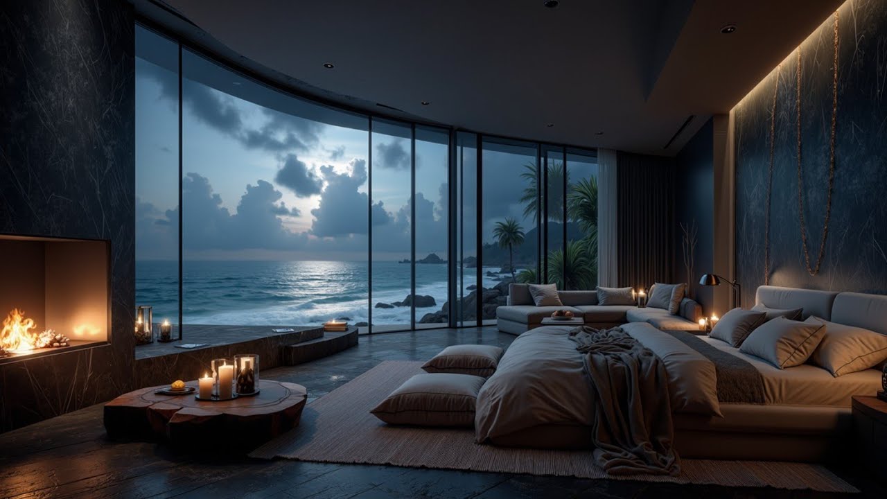 Расслабляющий саксофон, мягкий джаз, музыка, вид на океан, у камина, для сна