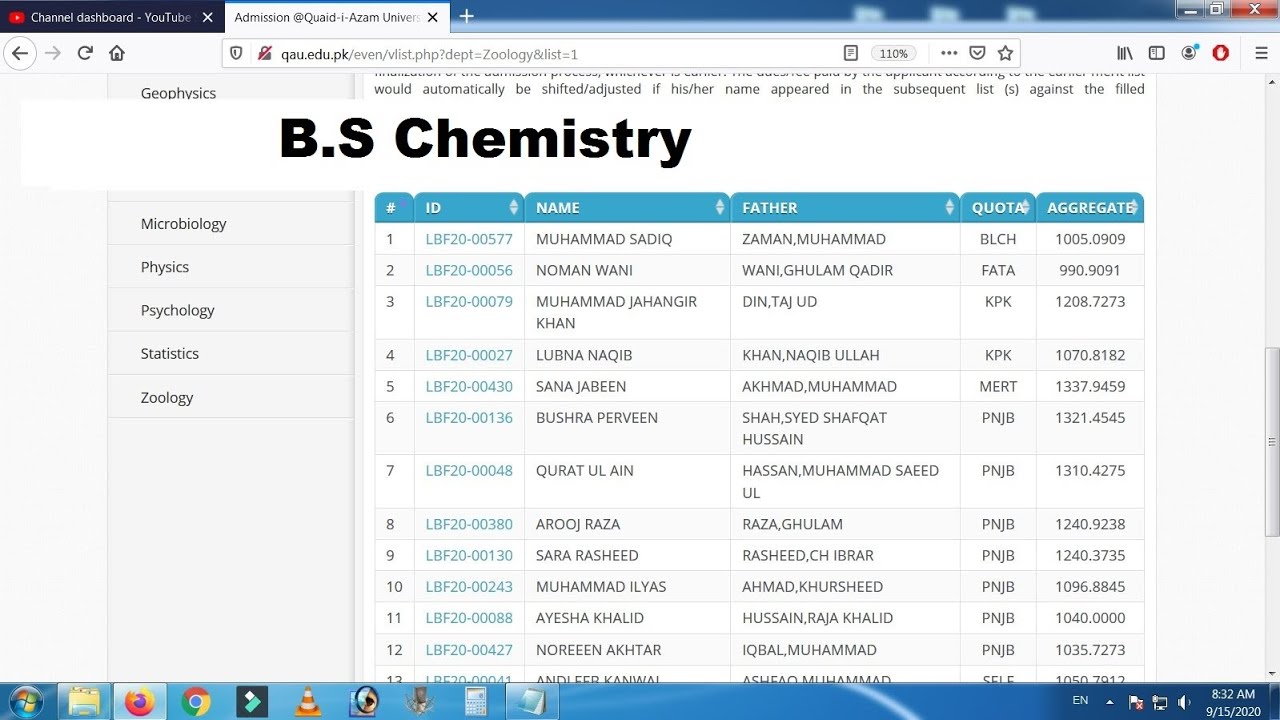 Quaid-e-Azam University | B.S Chemistry 7th Merit List 2020