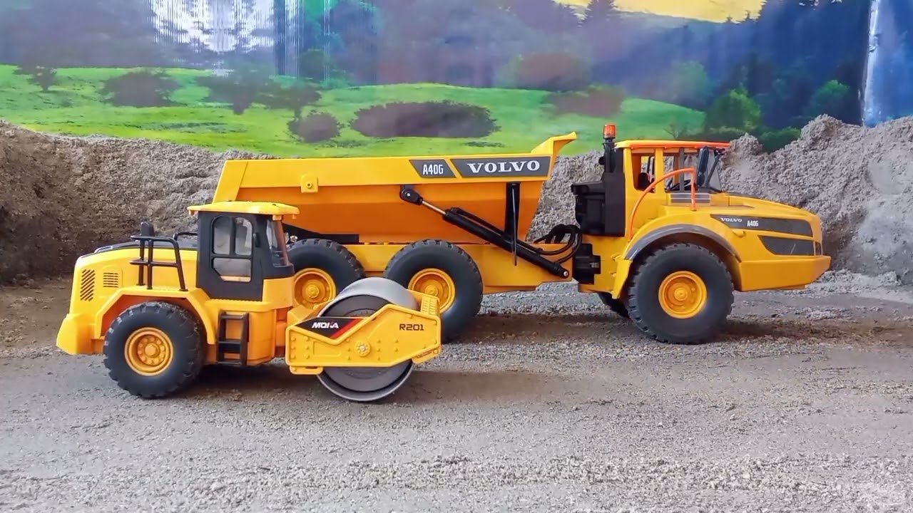 Rc Road roller compacts the road at the mine site.