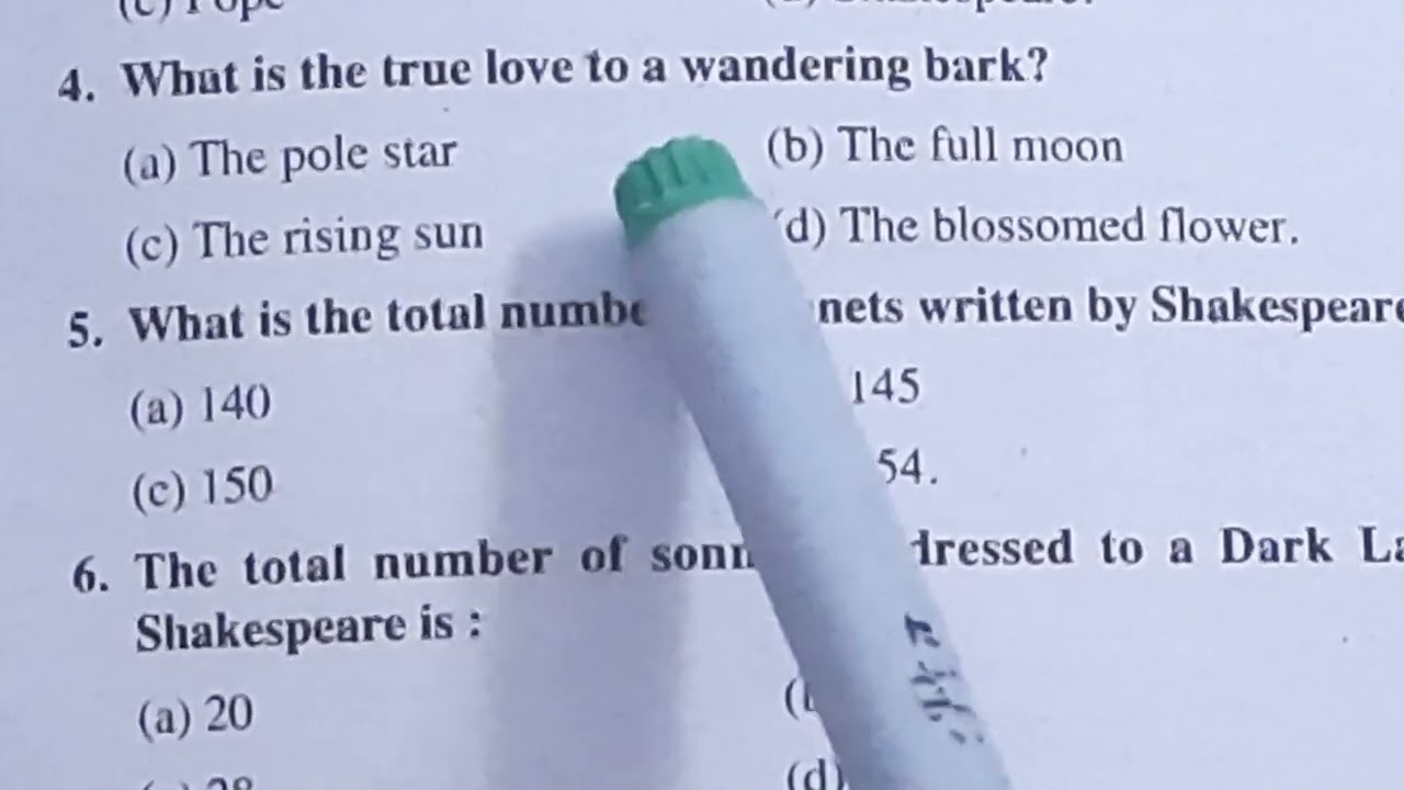 Important MCQs (objective type questions)on William Shakespeare and 'True Love' (Let me not to...)