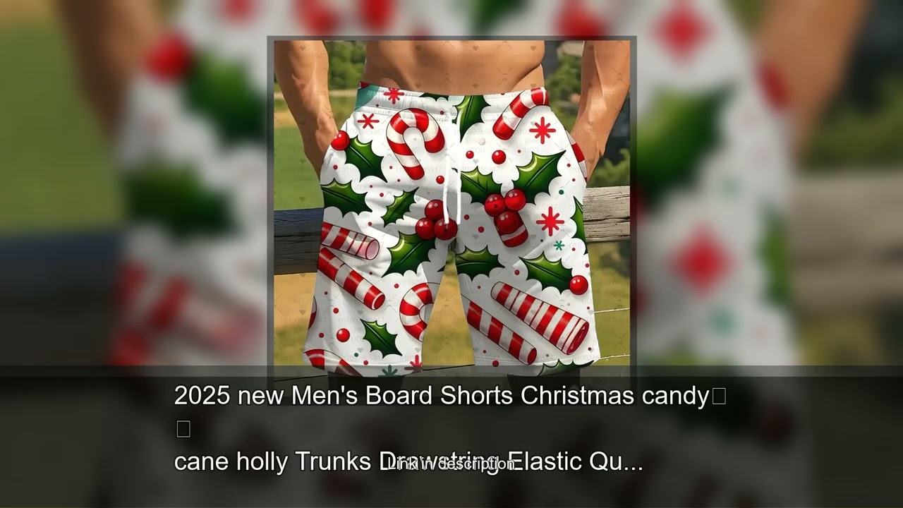 2025 new Men's Board Shorts Christmas candy cane holly Trunks Drawstring Elastic Quick Dry Hawa