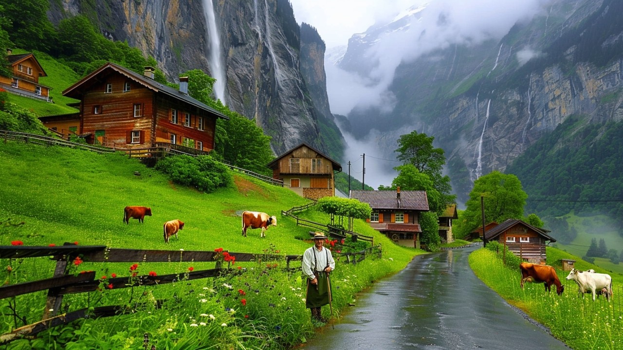 Paradise Rainfall in Switzerland’s Most Beautiful Villages Countryside - Rainy Lauterbrunnen