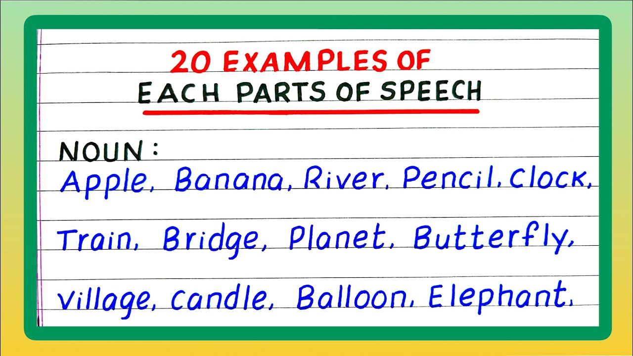 Examples of each Parts of Speech | 20 Examples of each Parts of Speech | Parts of Speech Examples