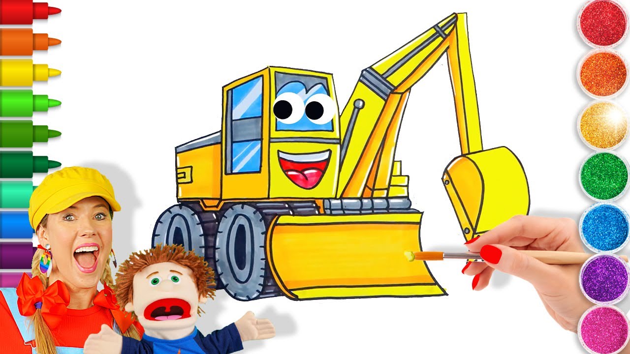 Excavator Drawing and Coloring with Markers and GLITTER for Kids & Toddlers | Simple Easy Art Tips
