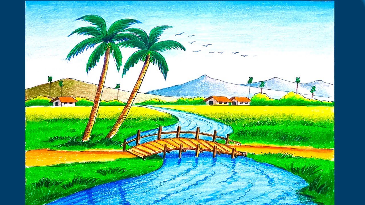 Nature scenery drawing step by step/Landscape scenery drawing with colour