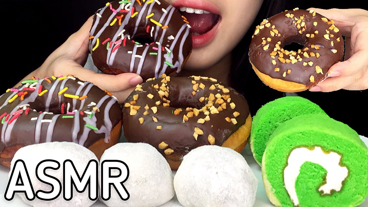 ASMR MOCHI, CHOCOLATE DOUGHNUTS, GREEN TEA ROLL CAKE 리얼사운드 먹방 REAL SOUND MUKBANG