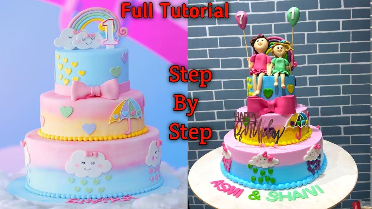Rainbow Theme Birthday Cake | 3 Tier Rainbow Cake  With 2 Baby Girls | Rainbow And Clouds Cake