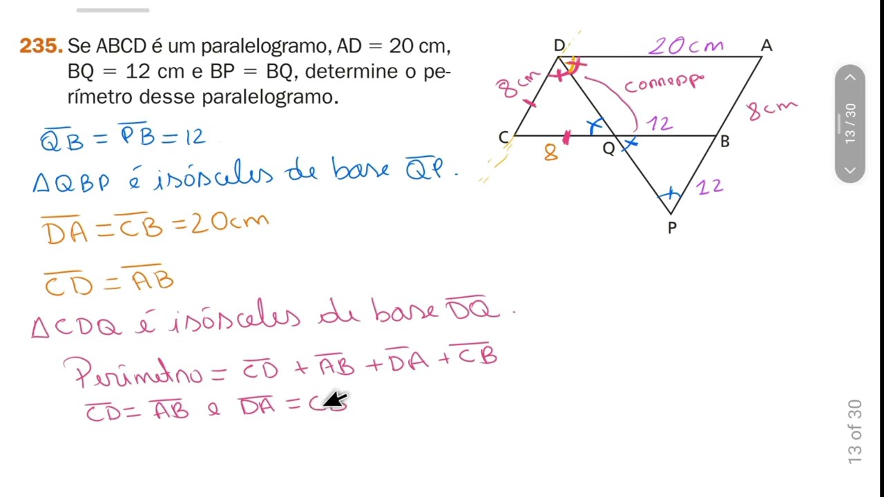235-Se ABCD é um paralelogramo, AD 5 20 cm, BQ 5 12 cm e BP 5 BQ, determine o perímetro desse parale