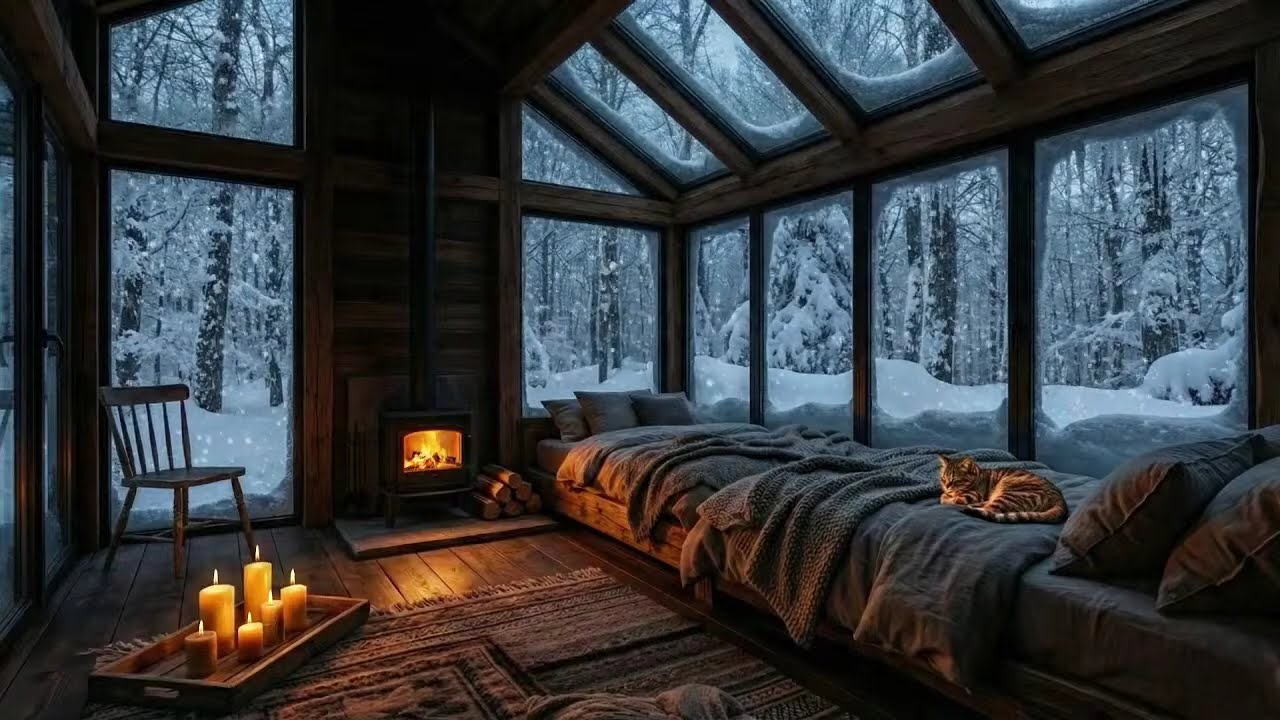Cozy Fireplace Cabin Ambience 🔥 Snowy Night Relaxing Sounds (LIVE 24/7)