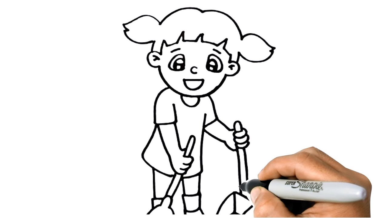 How to DRAW A GIRL SWEEPING FLOOR Easy Step by Step