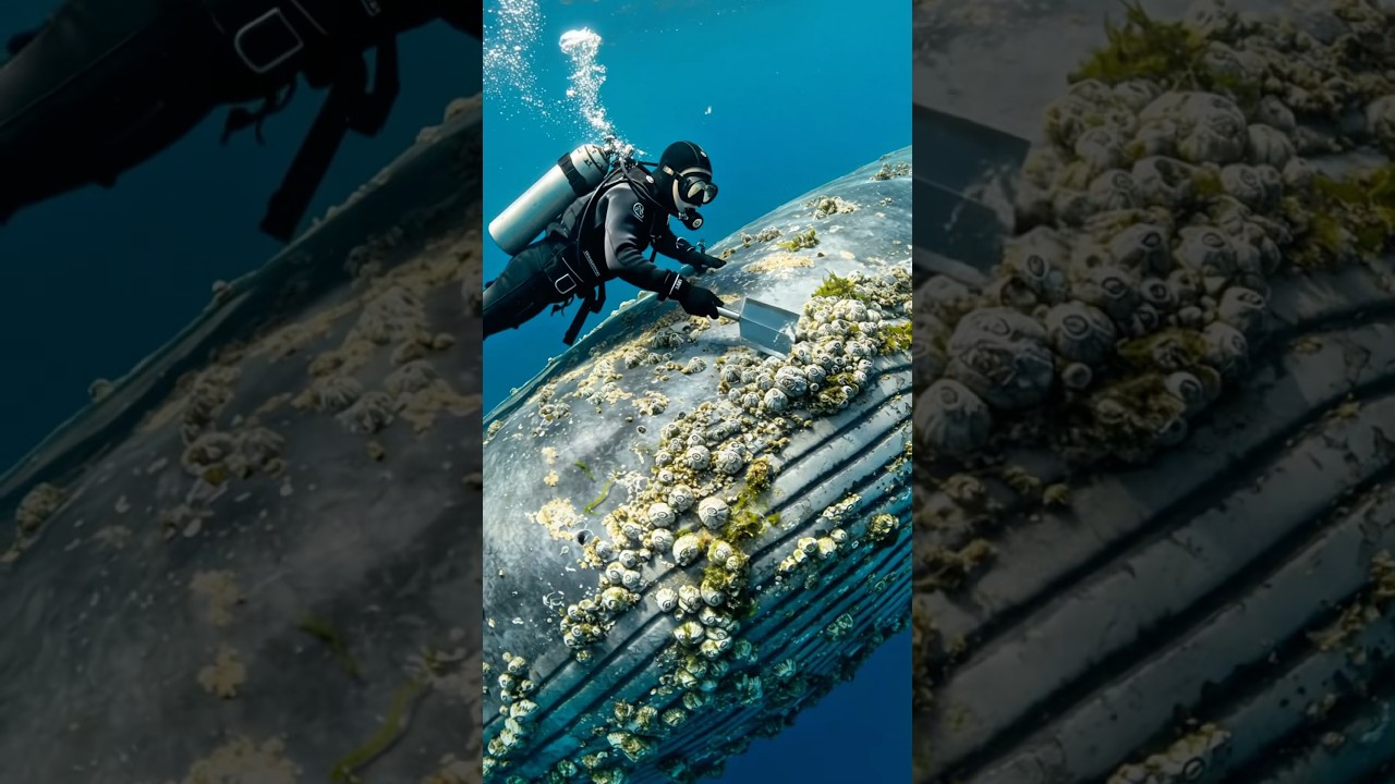 Rescue helicopter saving a whale from heavy barnacles  #WhaleRescue #OceanHelp #BarnacleRemoval