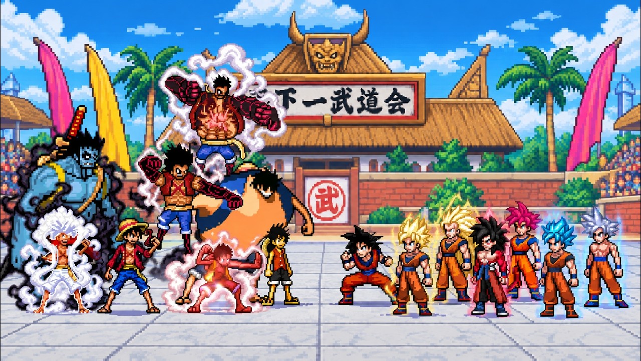 Luffy All Forms (One Piece) Vs Goku All Forms (Dragon Ball) - MUGEN