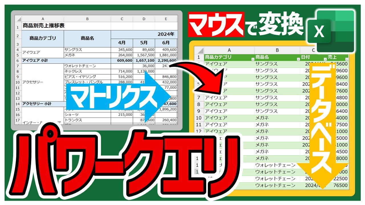 【Level1】Excelのパワークエリでマトリクス形式の表をデータベース形式に変換する【YT0229】