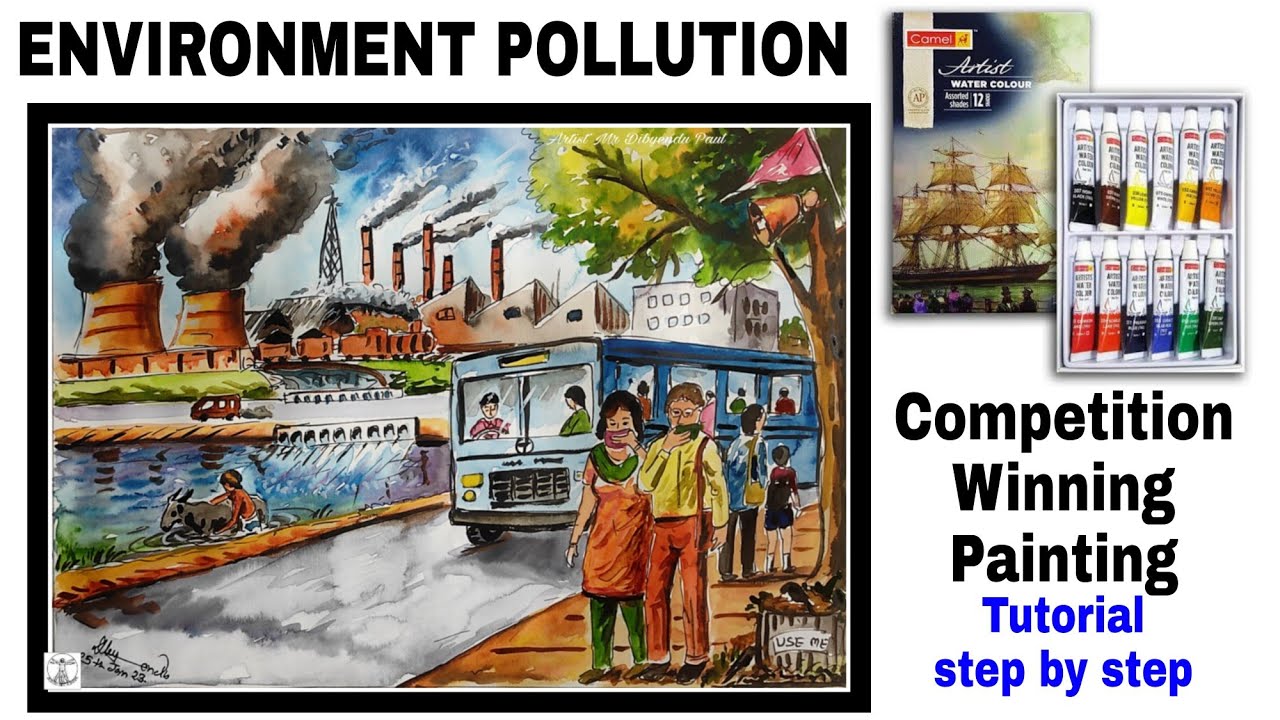 Pollution Drawing for Competition easy/Watercolor Environment Pollution Drawing, Tutorial