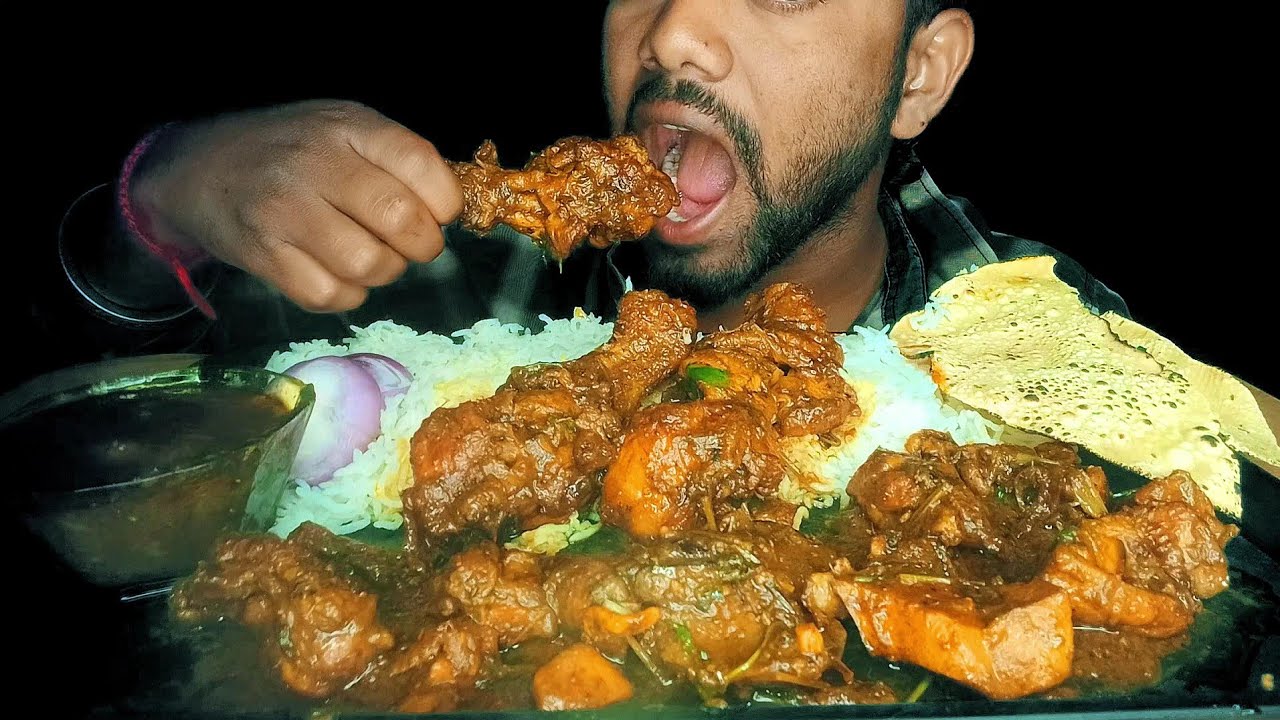 MUKBANG CHICKEN | SPICY CHICKEN LEG PIECE CURRY | EATING WITH BASMATI RICE EXTRA GRAVY & PAPAD 