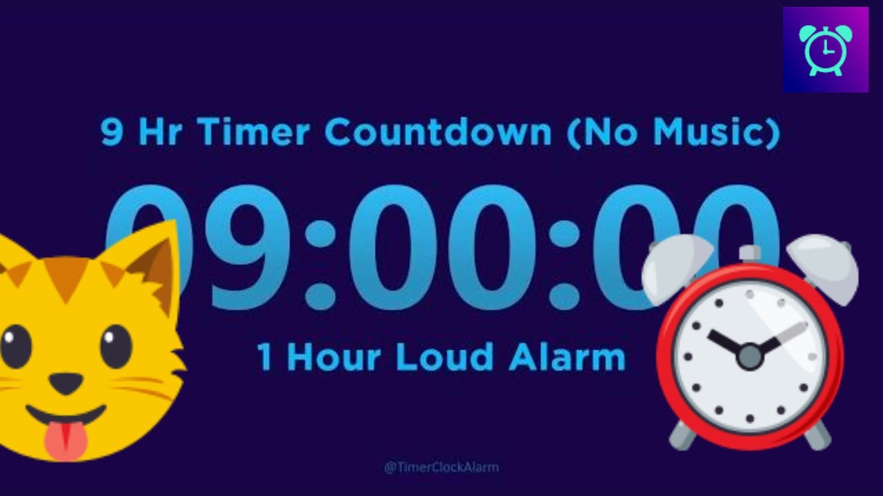 9-godzinne odliczanie timera (bez muzyki) z 1-godzinnym głośnym alarmem @TimerClockAlarm