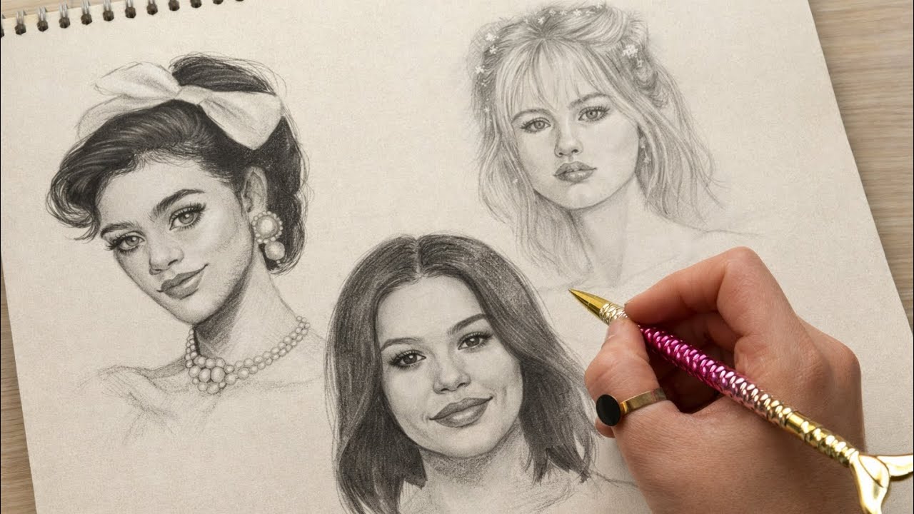 How to Draw 3 Beautiful Female Portraits | Step by Step Face Drawing Tutorial