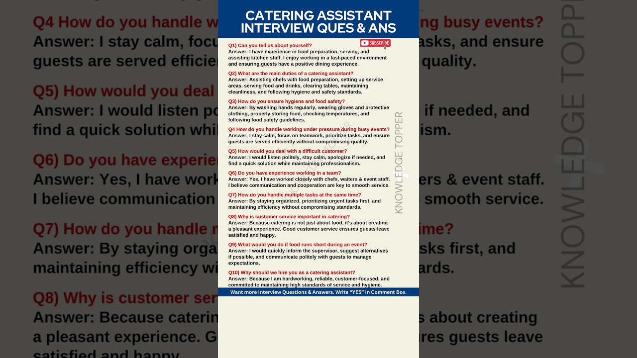 Catering Assistant Interview Questions and Answers