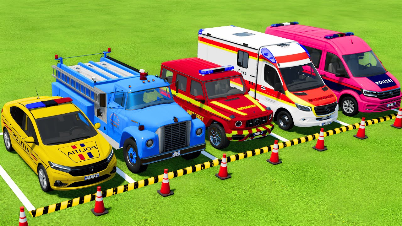 TRANSPORTING POLICE CARS, AMBULANCE, FIRE DEPARTMENT VEHICLES WITH TRUCKS ! Farming Simulator 22