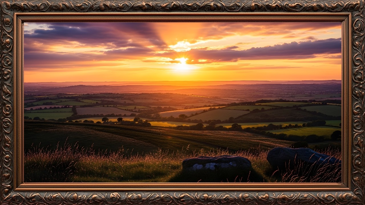 Golden Sunset Over Rolling Hills | Peaceful Countryside TV Art Screensaver (Framed 4K)