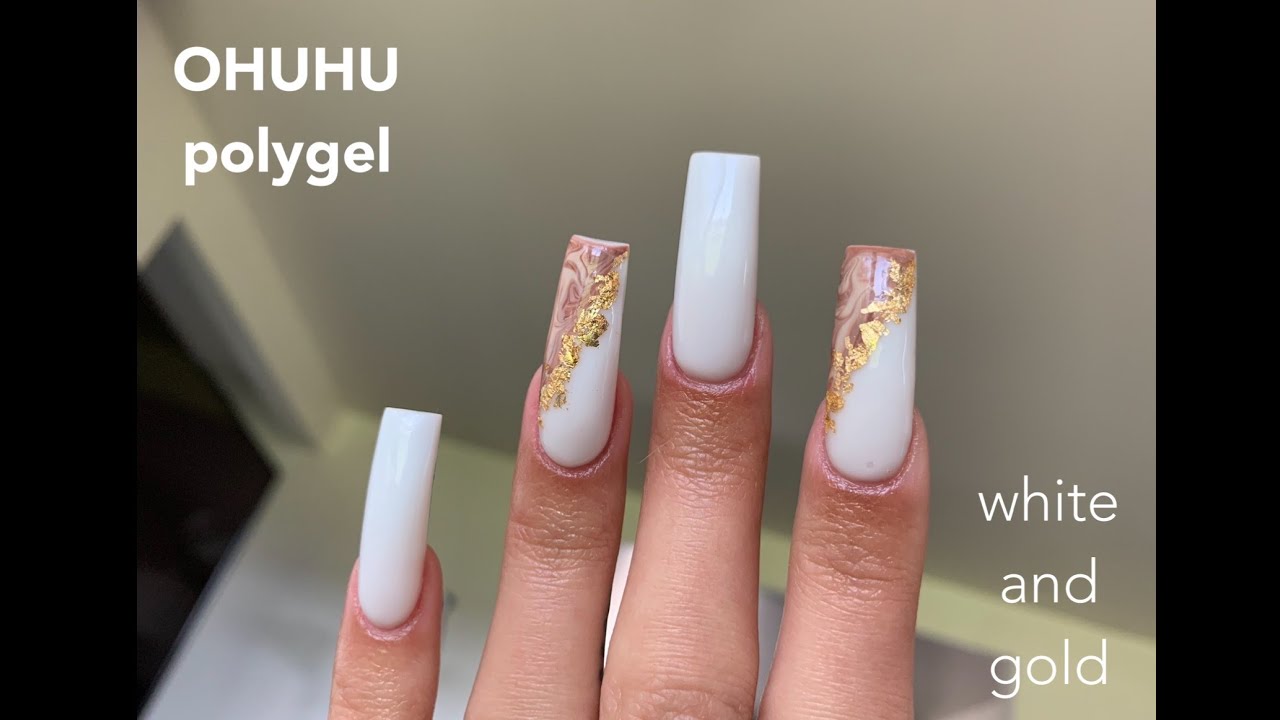 ♡ Ohuhu Polygel | White w/ Brown Swirl & Gold Flakes ♡