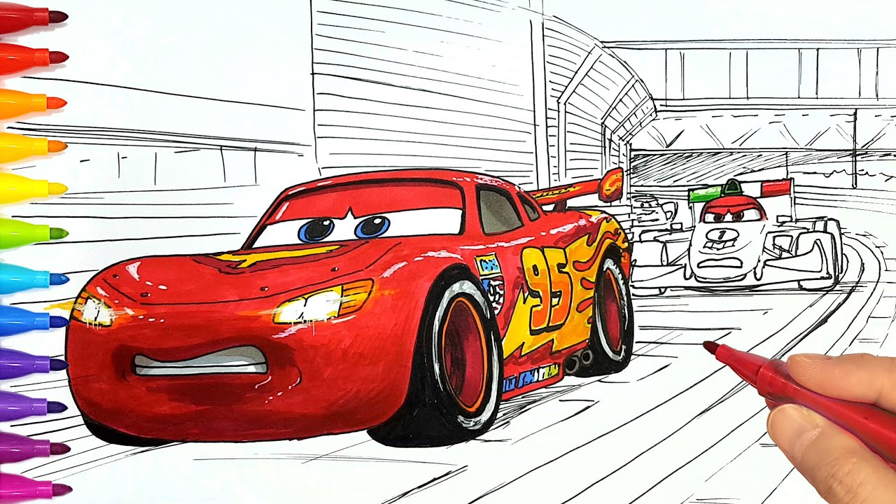 Draw LIGHTNING McQUEEN overtaking FRANCESCO in CARS 2 Tokyo Night Race Drawing and Coloring Pages