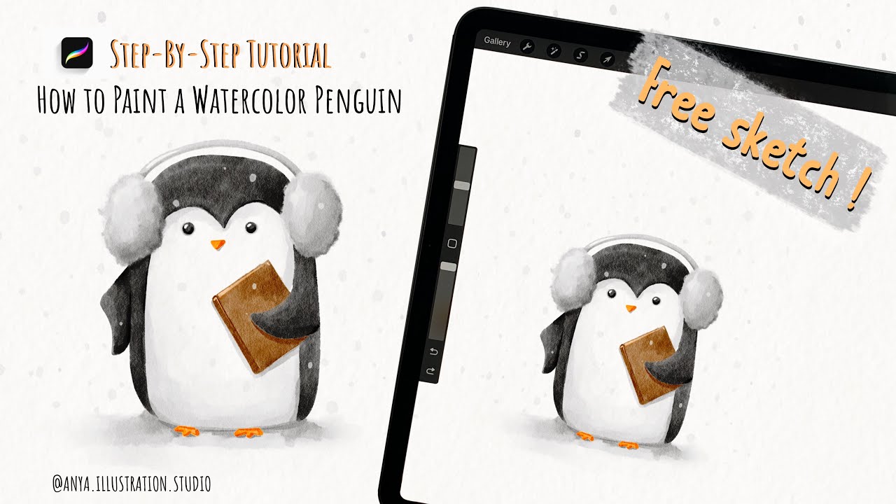 Watercolor Penguin 🐧 in Procreate. ✔️FREE sketch. Illustration tutorial.