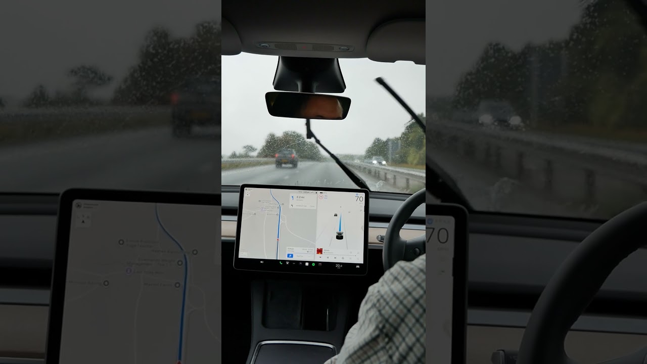 Hands free Tesla Model Y driving on Enhanced Autopilot in the rain (in the UK)