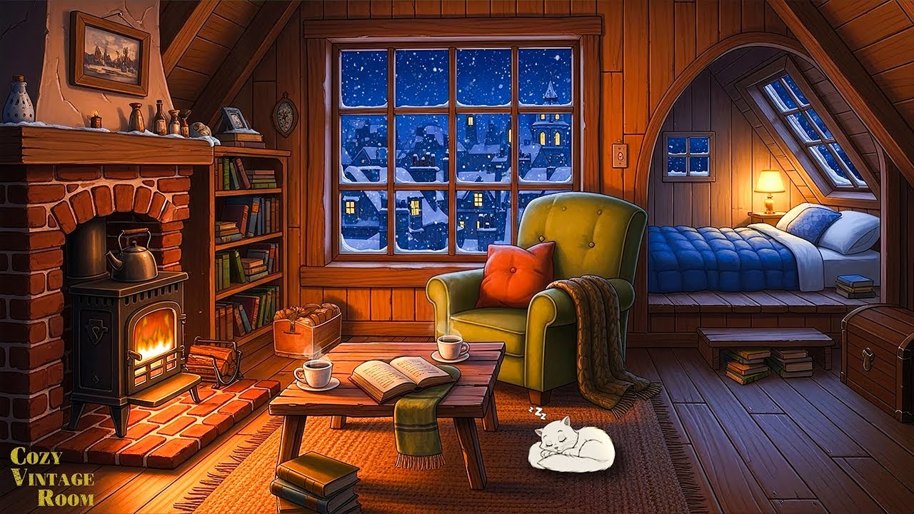 cozy winter evening ambience with fireplace for relaxation | 1950's oldies playing in another room