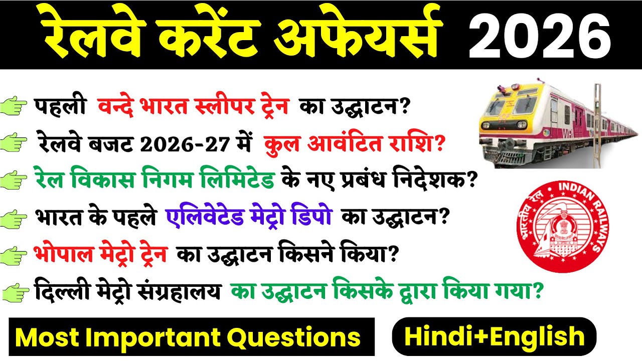 रेलवे से संबंधित महत्वपूर्ण प्रश्न 2026 | Railway Current Affairs 2026 | Railway GK Current Affairs
