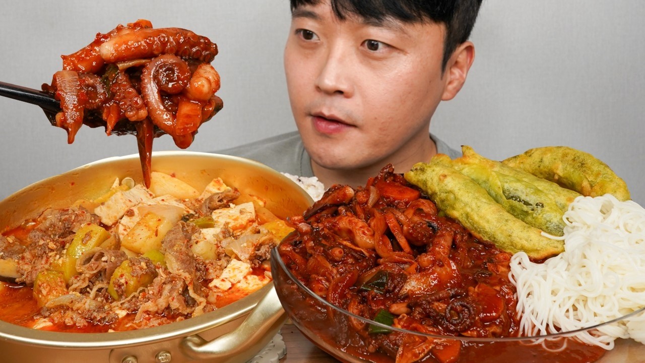 퇴근 후 아내가 차려준 현실 집밥 한상🍚 낙지볶음 소면사리 우삼겹된장찌개 고추튀김까지👍