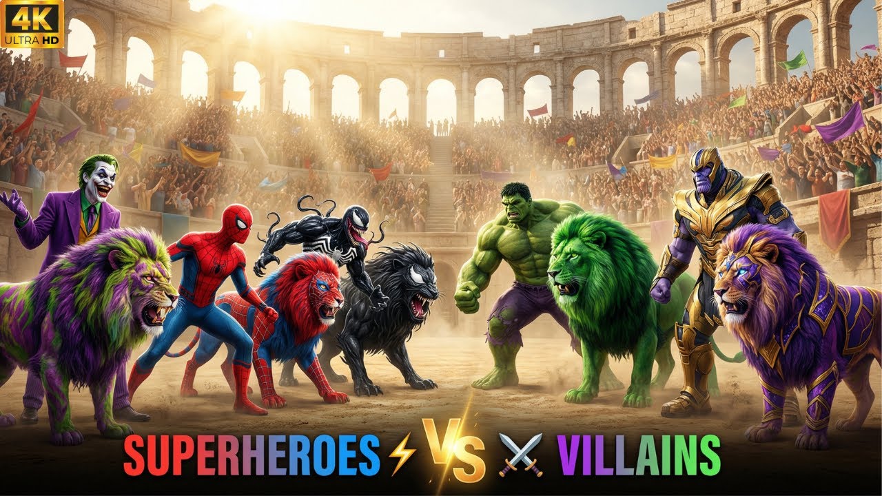 Clash of Legends⚔️ Superheroes vs Villains with Fierce Lions! 🦁
