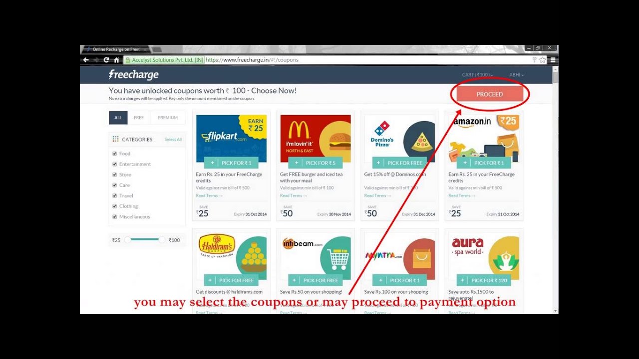 How to use Freecharge coupons or Credits