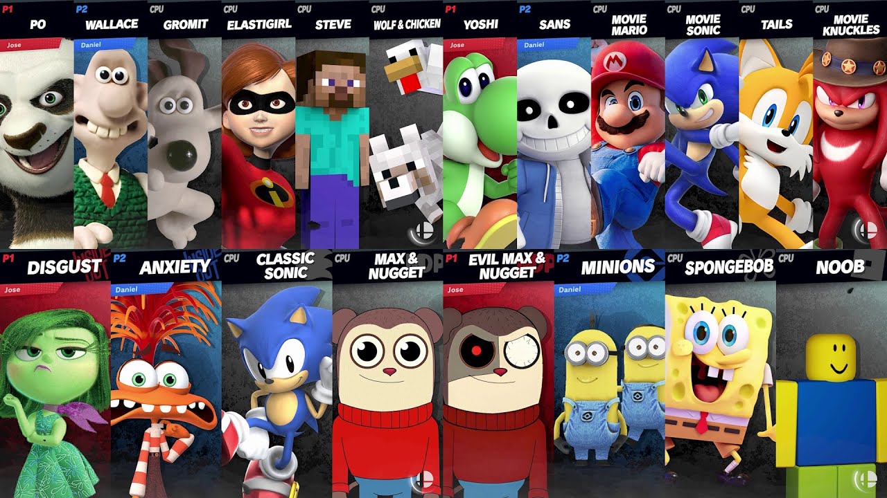 Sonic vs Mario vs Knuckles vs Tails vs Sans | Elastigirl vs Steve in Super Smash Bros Ultimate