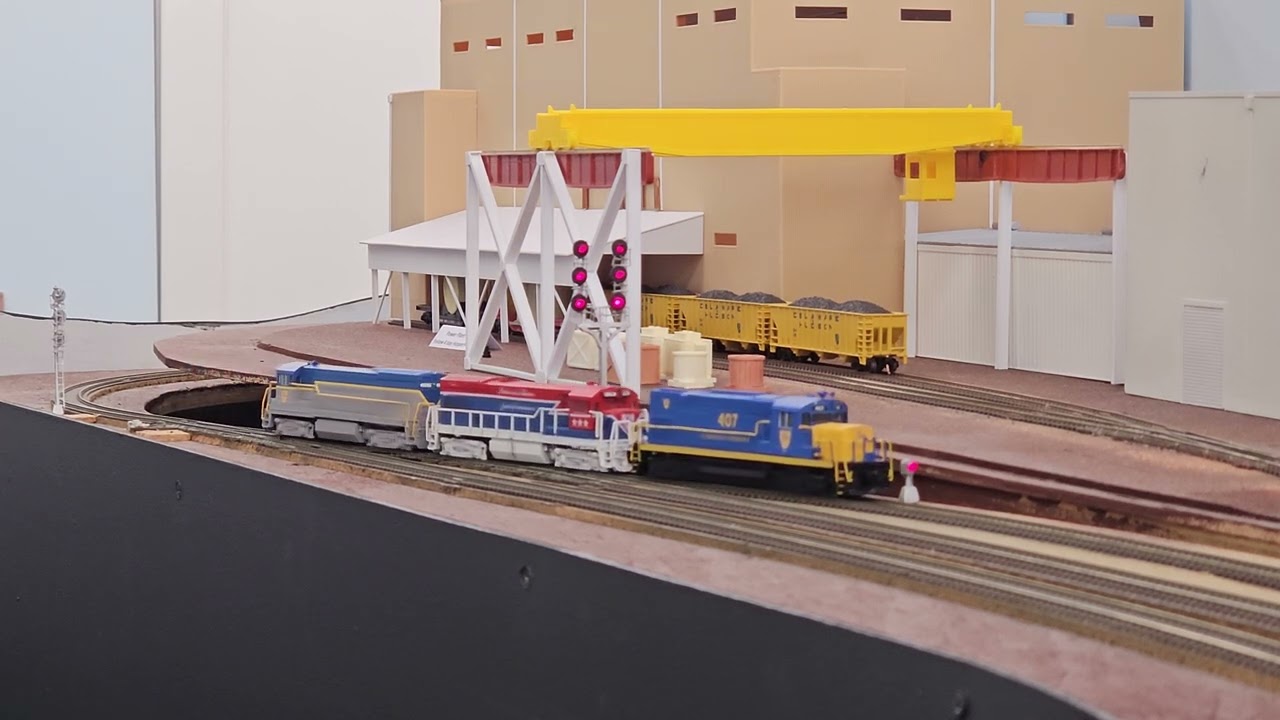Delaware & Hudson N scale coal extra at Plattsburgh locos heading to the power plant setting back.