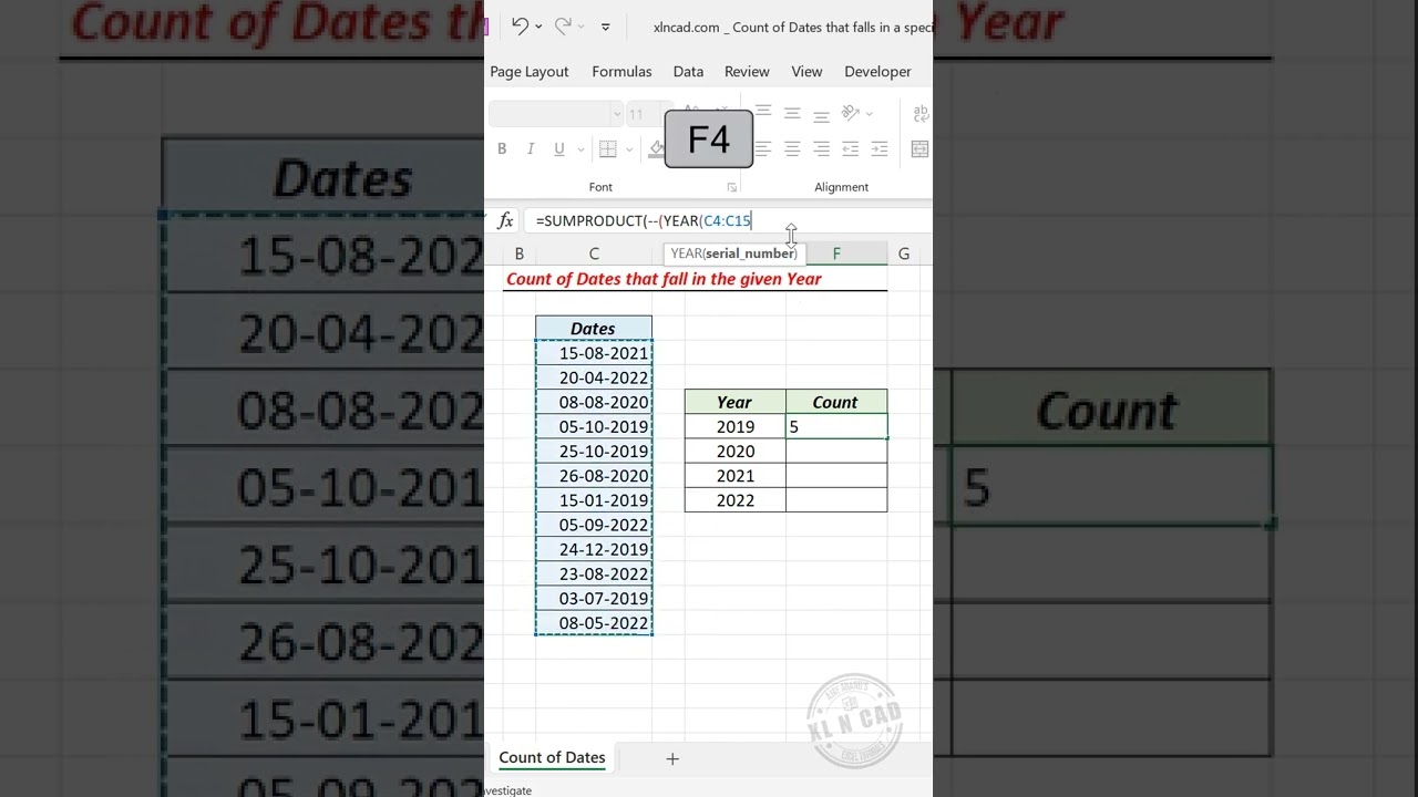 Excel formula to Count Dates that fall in the given Year