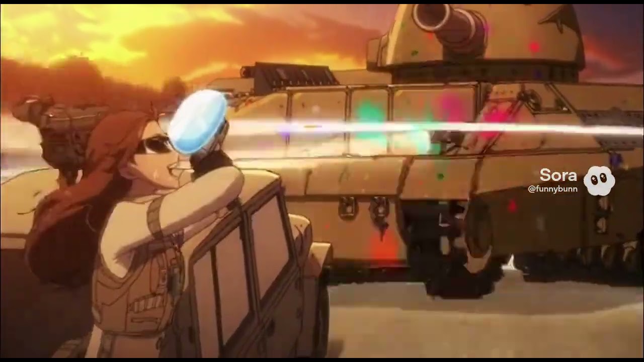 Cinematic Rust raid scene, anime-style, gritty and explosive. Inside a dusty armored jeep, Sergeant