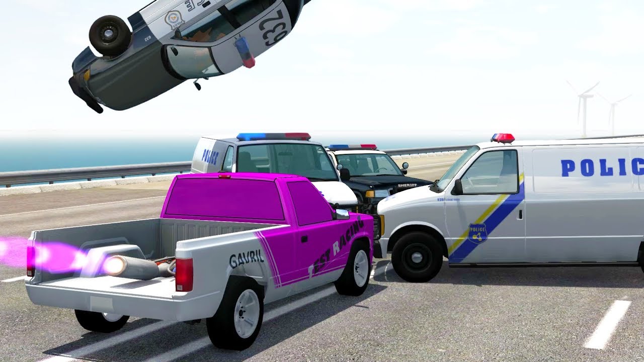 ROCKET POWERED CARS VS POLICE BLOCKADE - BeamNG Drive Police Road Block