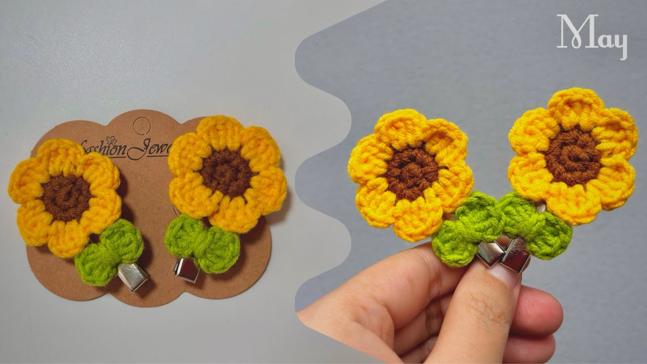 Hướng dẫn móc kẹp tóc hoa Hướng dương cho bé| Crochet sunflower hair clip 🌻