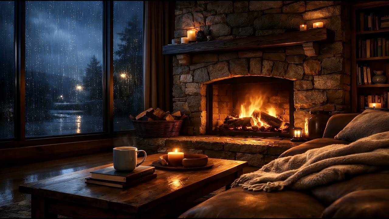 Winter Background | Fireplace | Rain | Ambiance | Live Wallpaper 4K