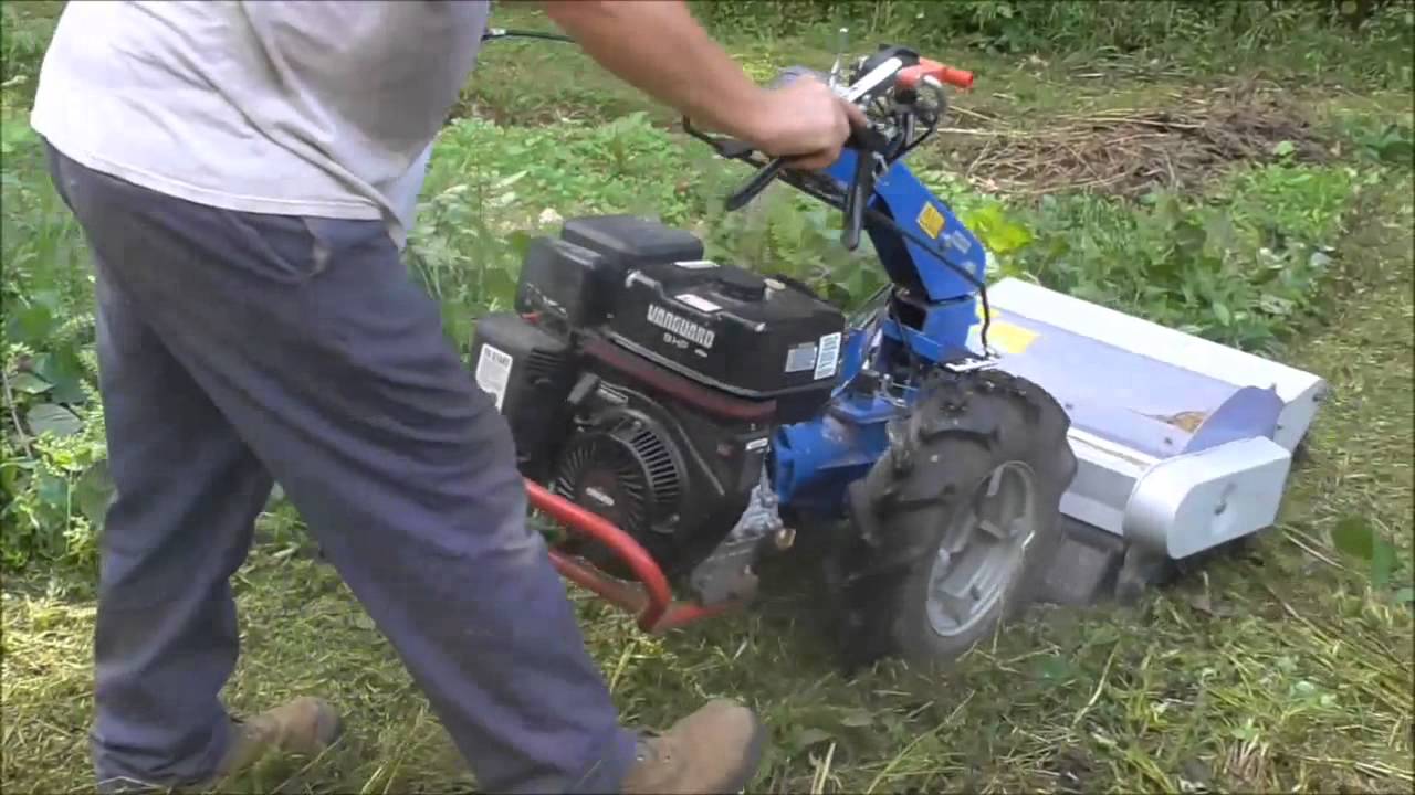 BCS walk-behind tractor (flail mower) pulverizing weeds/brush