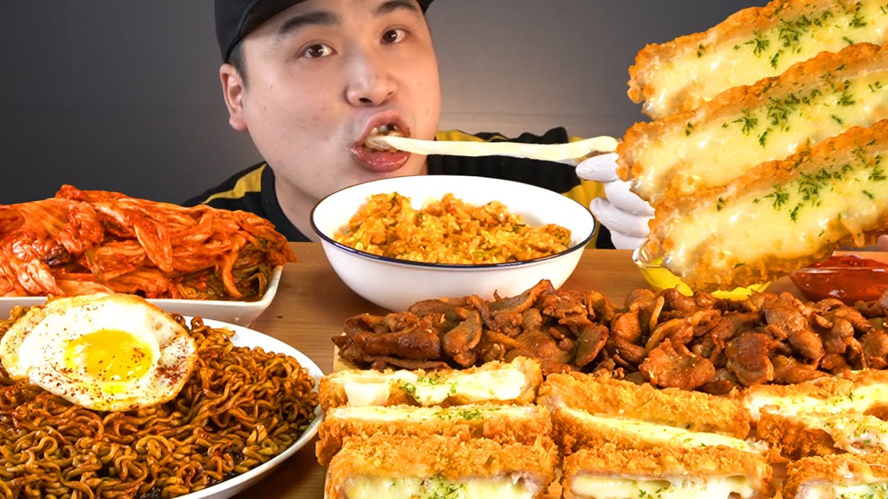 치즈가 쭉~ 늘어나는 치즈돈까스, 짜파게티, 통스팸, 불고기, 김치볶음밥 먹방~!! 리얼사운드 social eating Mukbang(Eating Show)