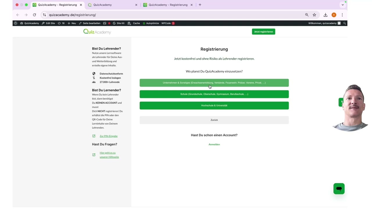 QuizAcademy Registrierung