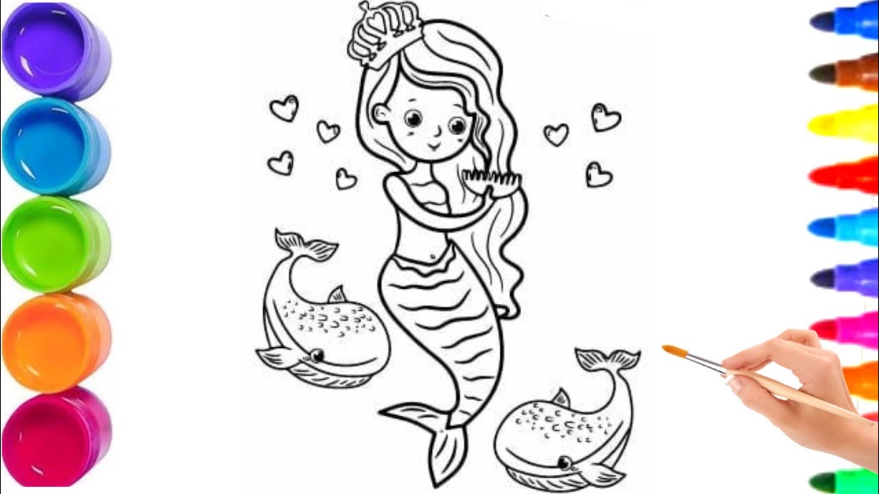 Cute Mermaid playing with dolphins drawing for kids 🍄🌈Easy Mermaid coloring pages for kids 🌊🐬