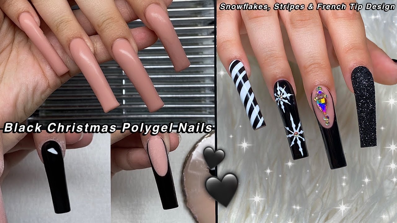BLACK CHRISTMAS POLYGEL NAILS🖤 EASY NAIL ART DESIGN + CREEPY REDDIT STORIES | Nail Tutorial